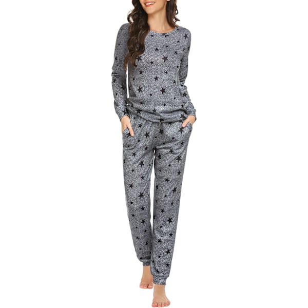 Pyjamassett for kvinner med lange ermer, stjernetrykk, nattøy, myke PJs, loungewear-sett med lommer