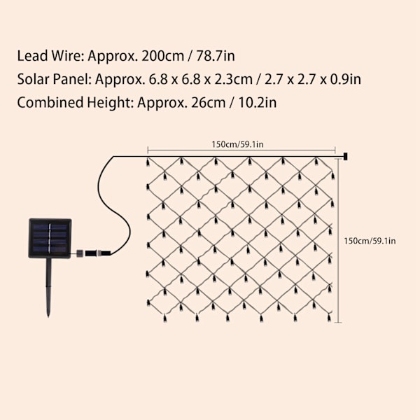 Solcelledrevet LED-nettlysstrengslys utendørs vanntett dekorative lys (1,5m x 1,5m) Varm hvit