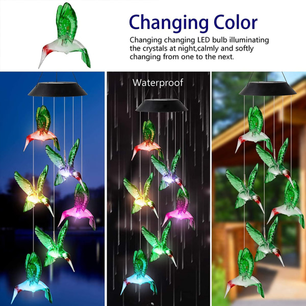 Wind Chime Solar Chimes Varmt Ljus Solar Vattentät Wind Bell Li green hummingbird