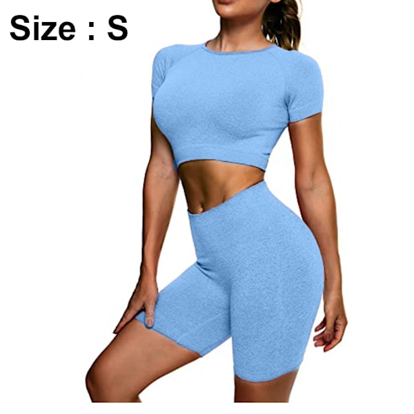 Sports Tops Women Fashion Crop Top Shorts Crop Tops Sports Outfit Women Fitness Set Compression Sportswear for Yoga Gym (S, Sky Blue)