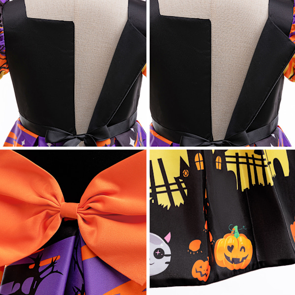 Halloween-kostym för flickor med häxhatt, barnfestdräkt, cosplay-kläder, spök-pumpa-skalle-tryckt klänning