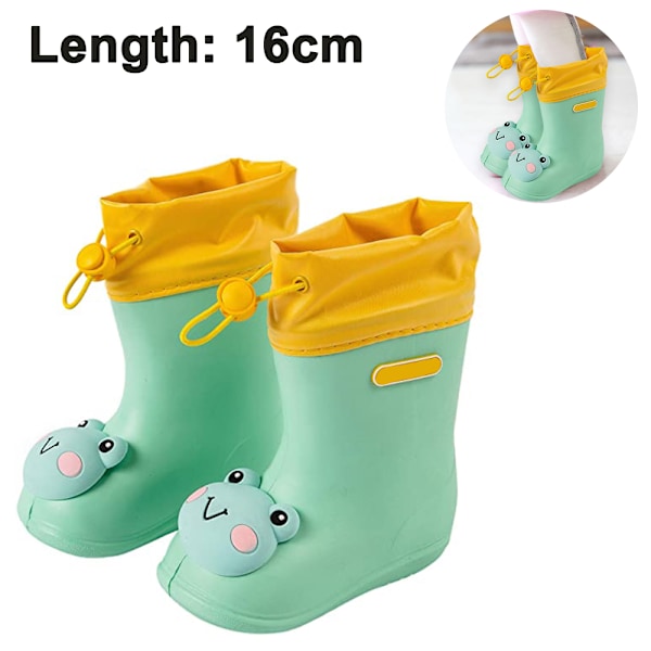 Children Rain Boots Boys Girls Rubber Boots Dinosaur Prints Non-Slip Elastic Band Waterproof Shoes (Green Frog, 16cm)