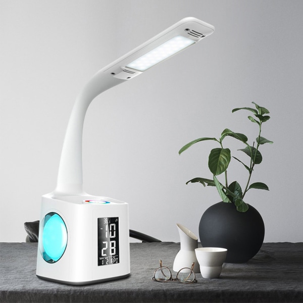 LED-bordslampe med USB-opladningsport, natatmosfærelampe, vækkeur, penholder, kalender, 3-niveau lysdæmper Eye-Caring bordlampe til