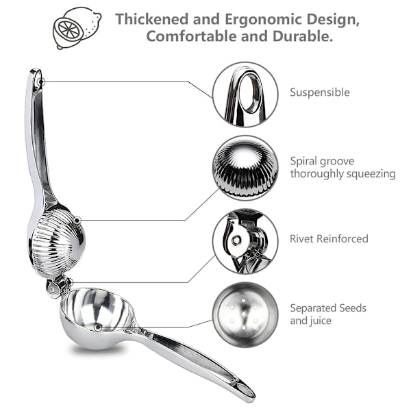 Manuell sitruspresse i sinklegering, oransjejuice, rustfritt stål, anti-korrosjon, oppvaskmaskinsikker