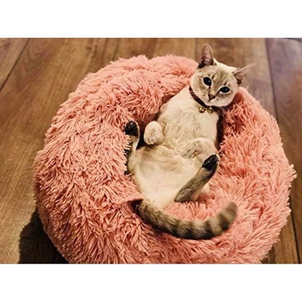 Original Katte- og Hundebed Luksuriøs Grov Kunstig Pels Donut Krammer Rund Donut Hundebed Indendørs Pude Velegnet til Små og Mellemstore Hunde Pink M-50*50cm