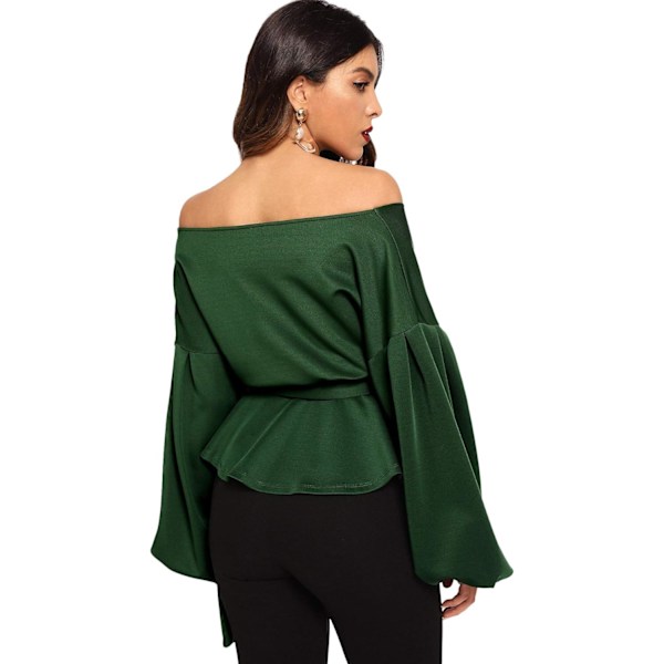 Kvinners Langærmet V-Hals Ruffle Bluse Off Shoulder Tie Midje Wrap Topper Green Medium