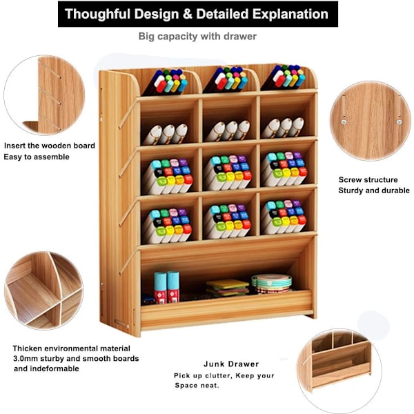 Træ Skrivebordsarrangør Multifunktionelt Kontor Papirvarer Pen Holder Box til Hjem Kontor Skoleforsyninger Opbevaringsstativ (Kirsebær)