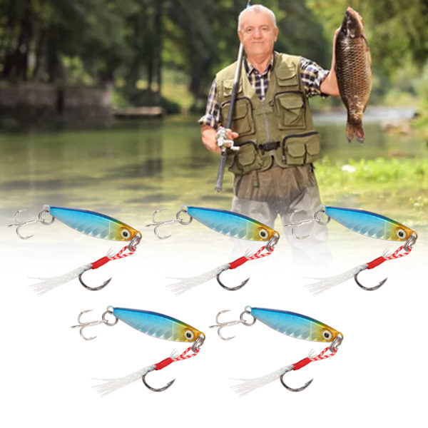 5Pcs 7g Fishing Lures VIB Metal Hard Baits Iron Fishing Tackle for Saltwater Freshwater Fishing Gold and Blue