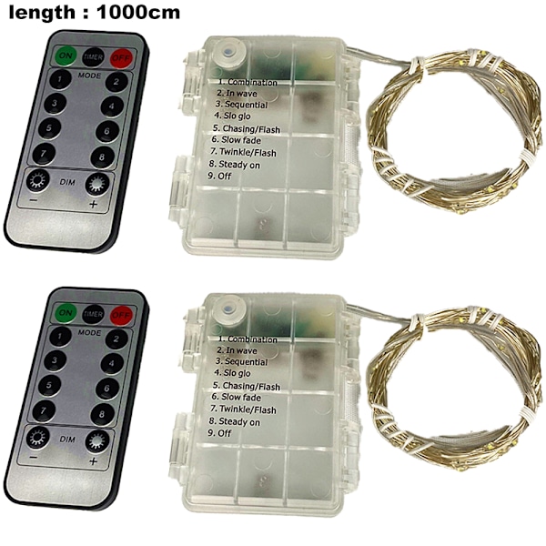 2-pakks lyslenke, 10 meter med 100 LED-lys, bøyelig USB-lys med fjernkontroll, hage, hage