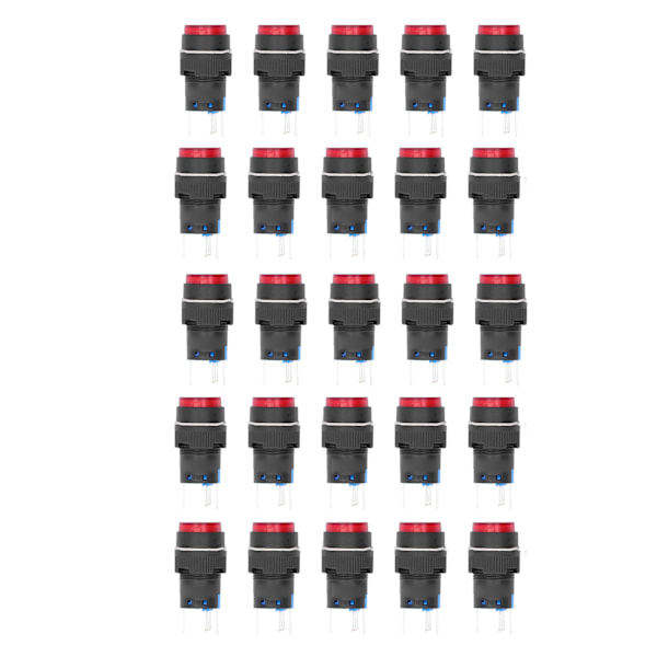 25 st Momentära Knappbrytare med Självlåsning 5-polig 16mm med Ljus 24V Set Kit för Utrustning Röd