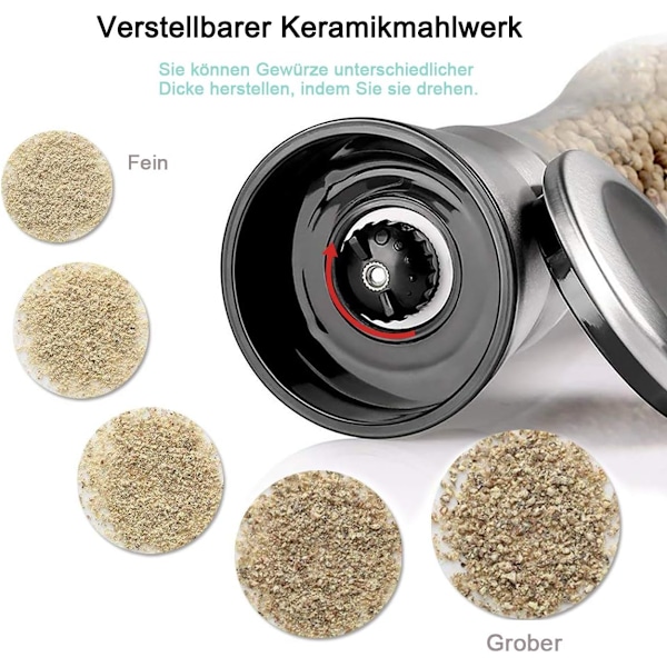 Krydderimølle, Peberkværn Grovhedsmekanisme - Rustfrit Stål Salt- og Peberkværn, 2 pr. Sæt, Krydderi, Peber, Salt og Chili