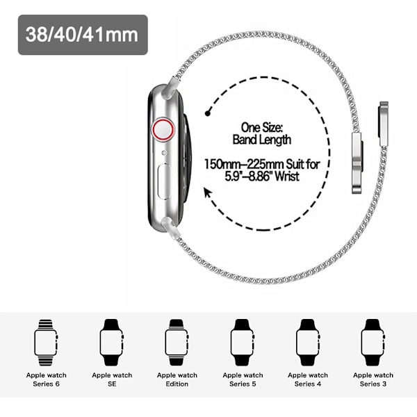 Magnetiskt armband kompatibelt med Apple Watch Mesh Milanese armband med justerbar ögla, metallarmband för tillämpligt Apple Watch armband (38 mm / 40 mm /