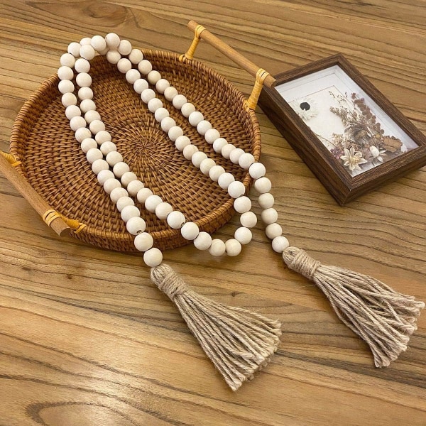 Farmhouse Beads ,58in Wood Bead Garland with Tassels Rustic ,Cou