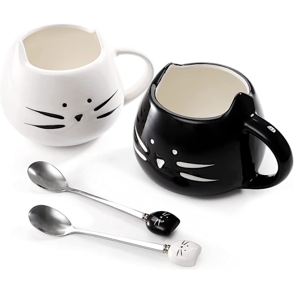 ZEAYEA Set med 2 kaffekoppar med kattdesign, 12 oz te- och mjölkkopp i porslin med sked för kvinnor och flickor som älskar katter