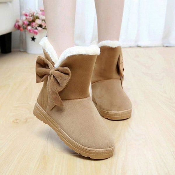 Women's Cute Bowknot Flat Snow Ankle Booties Warm Fur Round Toe