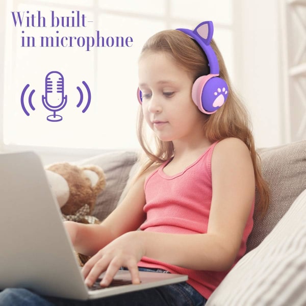 Hörlurar för barn, trådlösa, flickor, kattöra, Bluetooth-hörlurar, hopfällbara, LED-upplysta hörlurar över örat, med mikrofon (mörklila)