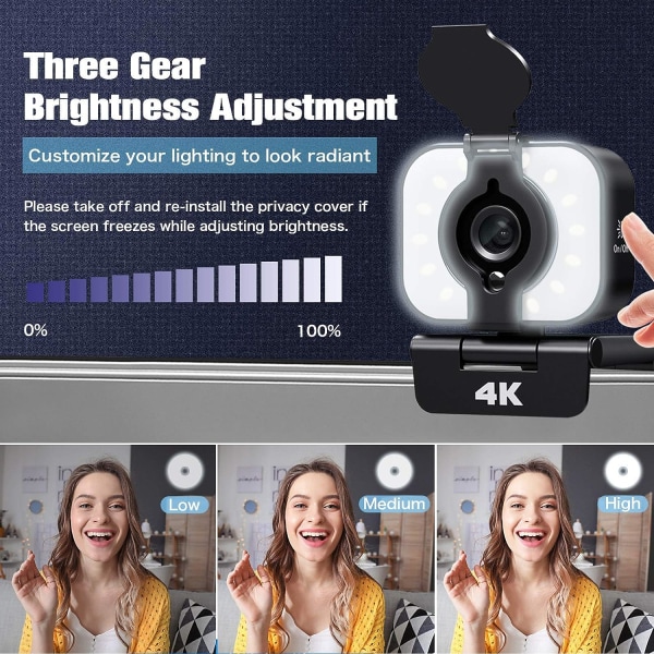 4K-opgraderet webcam med justerbart udfyldningslys og privatlivsdæksel