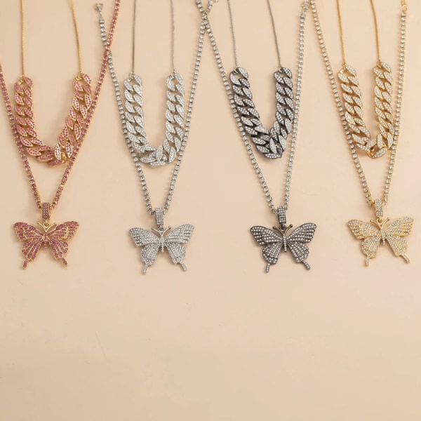 Butterfly Cuban Link Necklace Set-Women Hip Hop Necklace Chain