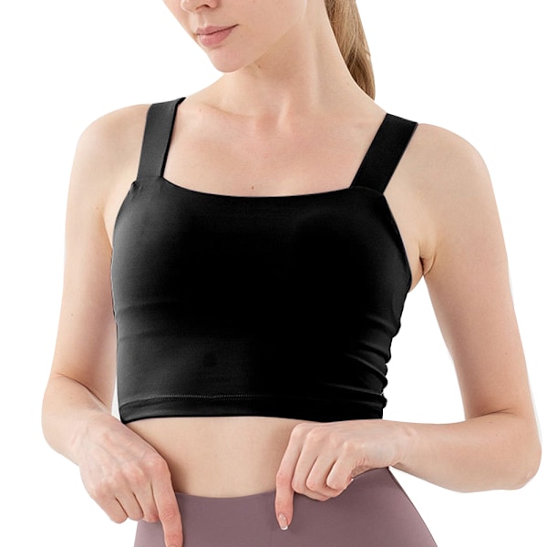 Stelle Dame Langlinjet Trådløs Polstret Avkortet Tanktopp Sports-BH Middels Støtte for Yoga Trening Fitness (Polar Night Black, S)