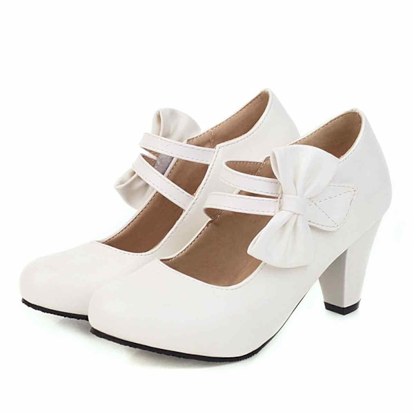 Women's shoes, block heel and pumps, ankle high, ankle strap, with velcro fastening and bow, closed toe area