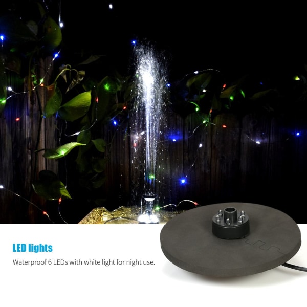 Solar Fountain Pump with LED Lights, 1.5W Floating Solar Panel Submersible Water Pump Kit, Battery Support, for Bird Bath Garden Pond