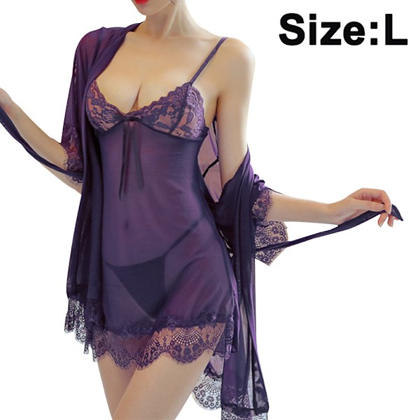 Lace Negligee Lingerie Women Sexy Set Underwear Lingerie with Scarf Temptation Suspenders Sexy Lace Pajamas Nightdress (L, dark purple)