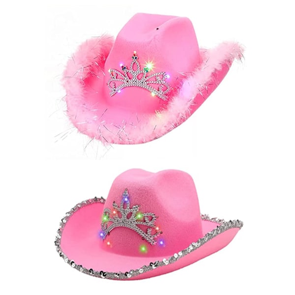 Pink Crown Cowboy Hat Felt Cowboy Hat with Lights Neck Draw String Cosplay Party Costume Accessories Play Dress Up for Women