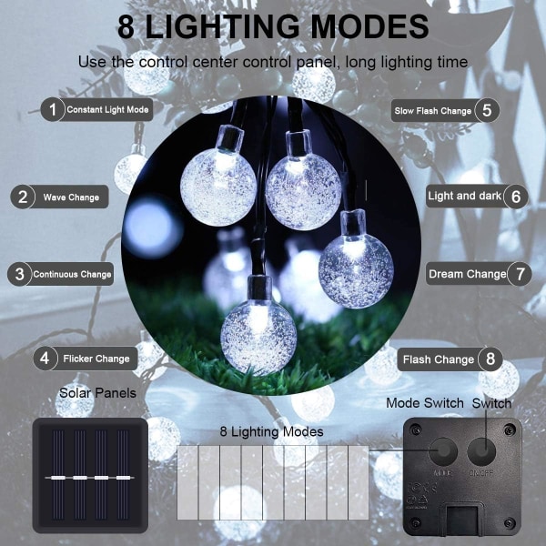 Solcellslampor för trädgård & utomhus, 12 m/100 LED-lampor, soldrivna vattentäta, dekorativa kristall-glödlampor (vit)