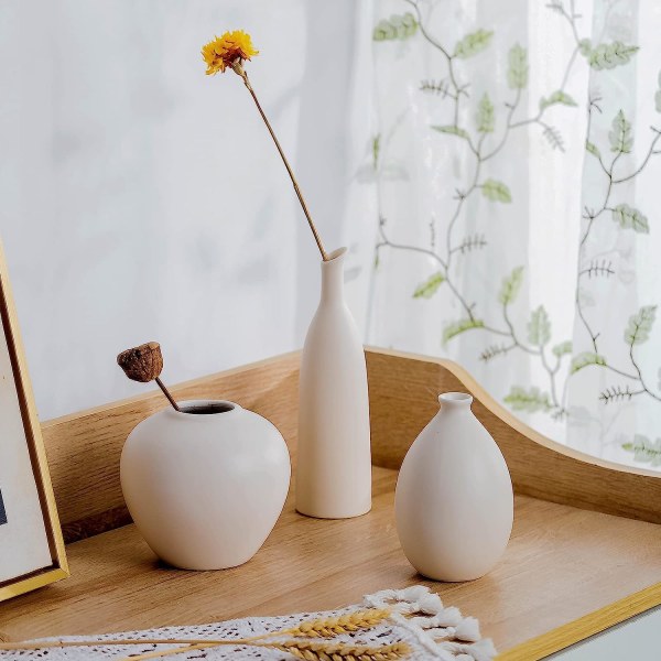 Keramikkvasesett med 3, små blomstervaser for rustikk hjemmeinnredning,