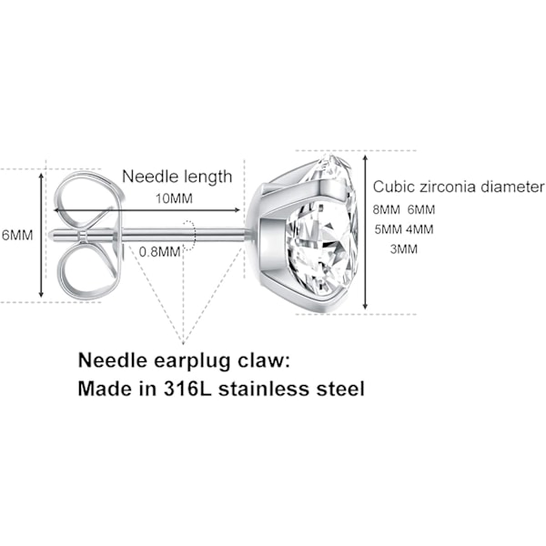5 Par Studörhängen Set, Hypoallergena Kubiska Zirkoner 316L Örhängen Rostfritt Stål CZ Örhängen 3-8mm