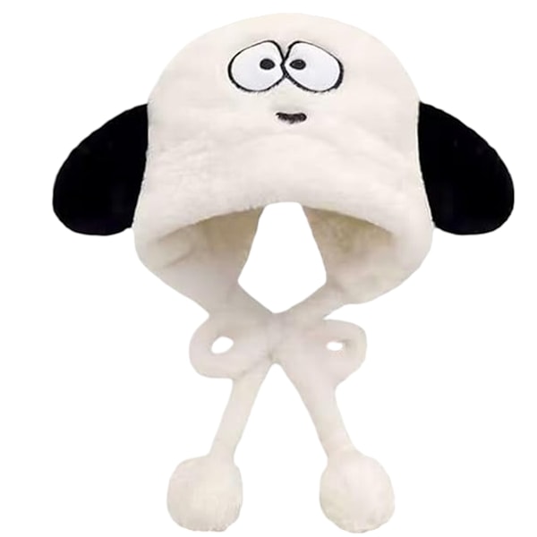 Cute Soft Big Eyed Little Dog  Women Riding Bicycles in Winter Keep Warm Ear Protection with Lace Up Plush Hat White