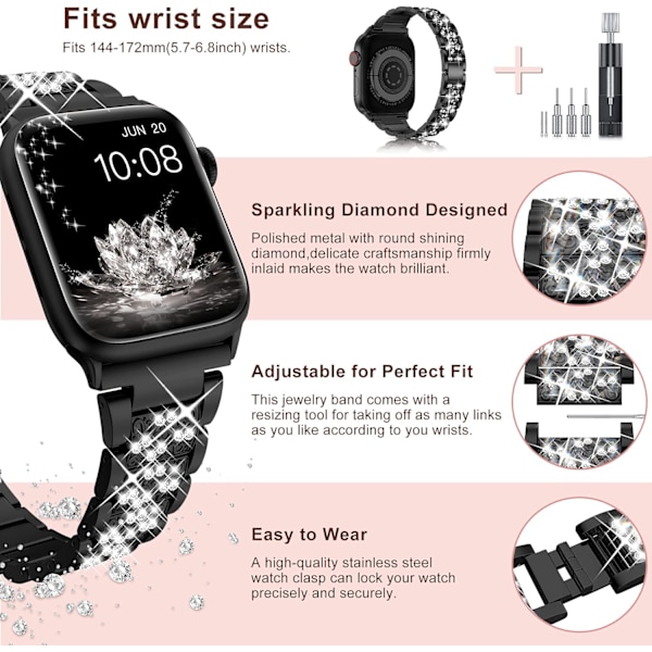 Band 38mm 40mm 42mm 44mm iWatch SE Serie 6 Serie 5 4 3 2 1, Bling Ersättningsarmband iWatch Band, Diamant Rhinestone Rostfritt Stål Metall Black 38mm/40mm