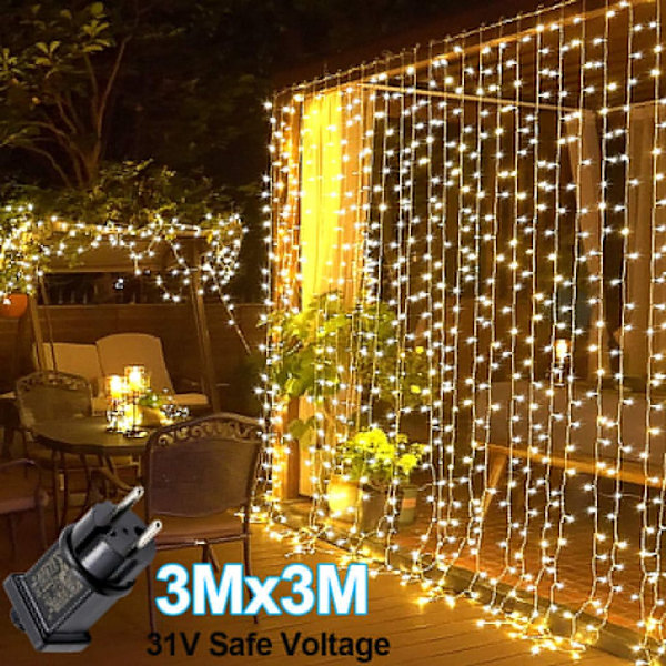 3x3M Varmt Hvit LED Lysgardin Feelyssgardin 8 Moduser Minnefunksjon Innendørs Utendørs Vanntett Fest Bryllup Juldekorasjon