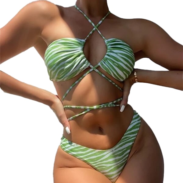 Women's Sexy Strap Halter Cross Front High Cut Thong 2 Piece Bikini Set Swimsuit,Green,M