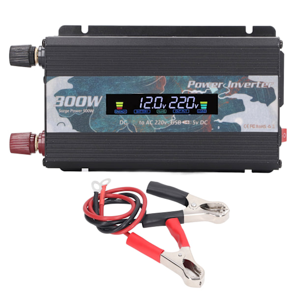 Car Power Inverter 300W DC to AC 220V Sine Wave Solar Converter 2.0A USB LCD Display for Charging Black DC 12V