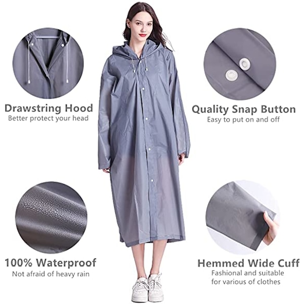 EVA Regnjakk Vanntett Regnponcho Gjenbrukbar Unisex Menn Kvinner Lang Klar Regnklær (Magic Grey Open)