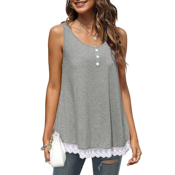 Grå S Kvinders Tanktop Scoop Hals Lace Trim Casual Knappet Løst Hængende Ren Farve Sommer Ærmeløs Skjorte