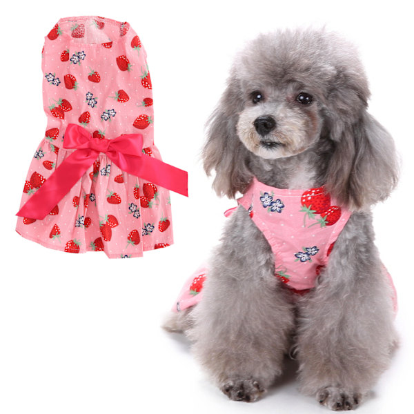 XZD231 Jordgubbsmönster Rosa M Söt Husdjurs Sommarkläder Flickhund Polyester Ärmlös Kjoldräkt med Rosett för Fest