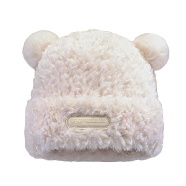 Cute Fuzzy Bear Ear Beanie Hat for Women Skin-Friendly Plush Warm Woolen Hat off-white