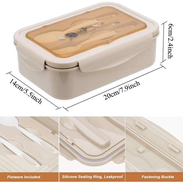 Lunchlåda, läckagesäker, för barn och vuxna, Bento Lunch-lådor med bestick och 3 fack, mikrovågsugnsuppvärmning, för skola, arbete, picknick, BPA-fri