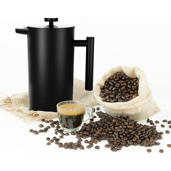 Fransk press i rostfritt stål - Espresso & tebryggare - Värmebeständigt glas, 34 oz (1,0 liter) - Svart