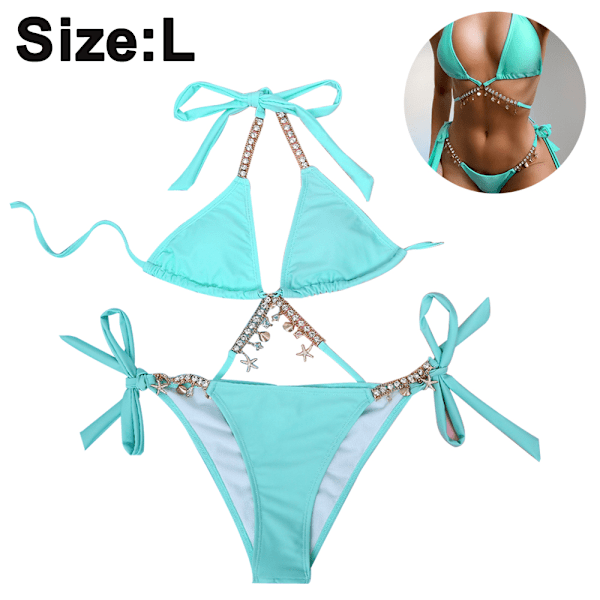 Bikinisett for kvinner med halterbånd og knyting på siden, trekantbikini, snorbikini, 2-delt, YT66GR, L