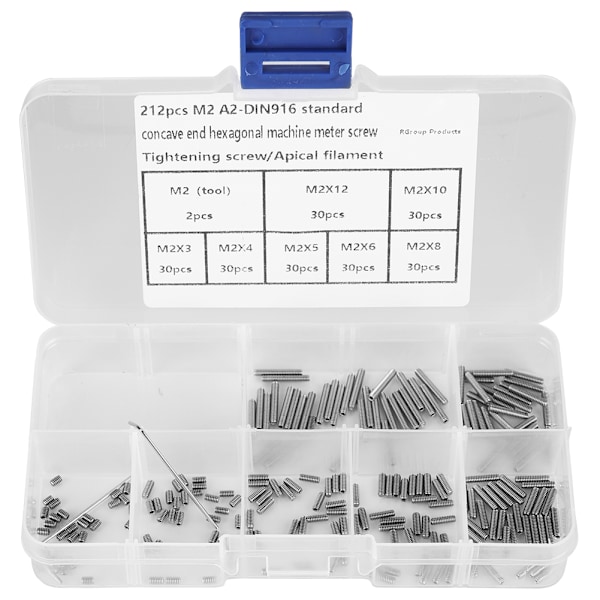 212-dels Set Skruvar Rostfritt Stål M2 A2-DIN916 Inre Hex Fästelement Hårdvara Verktyg