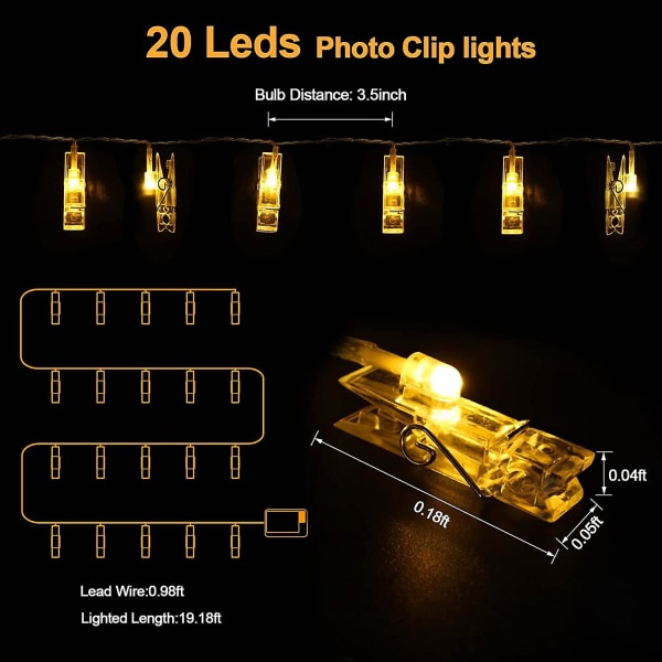 20 LED-valokuvakiinnikkeen merkkivaloa 3 m Peg Fairy Lights -akku