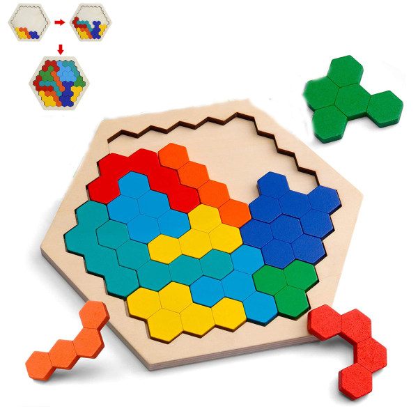 Wooden Hexagon Puzzle - Shape Block Tangram Brain Teaser Toy Geo