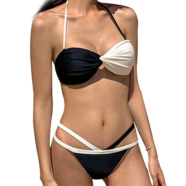 Bikiniset för kvinnor, sidobandad baddräkt, bandeau-bikini, halterhals, 2-delad bikiniset, M