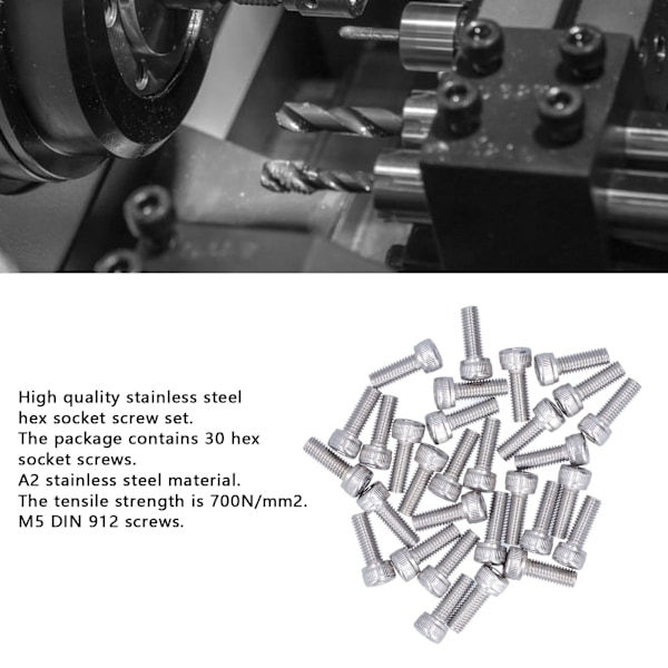 30 stk M5 Sylindrisk hode sekskant skrue A2 rustfritt stål sekskant hode skruer skrue sett M5 X 25