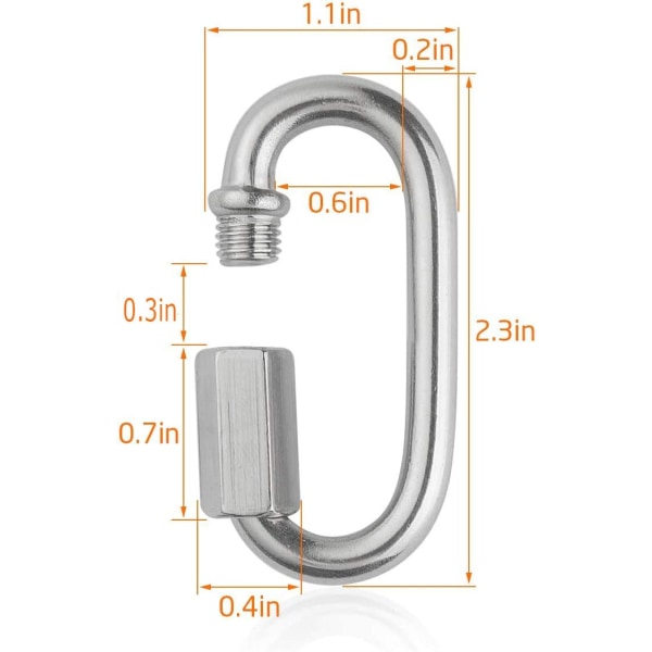 8-pak gevind Quick Link, rustfrit stål oval låsekarabine
