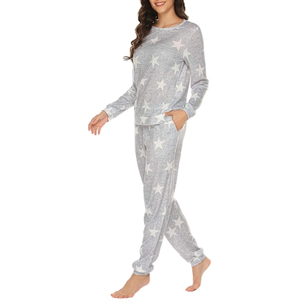 Pyjamassett for kvinner med lange ermer, stjernetrykk, nattøy, myke PJs, loungewear-sett med lommer