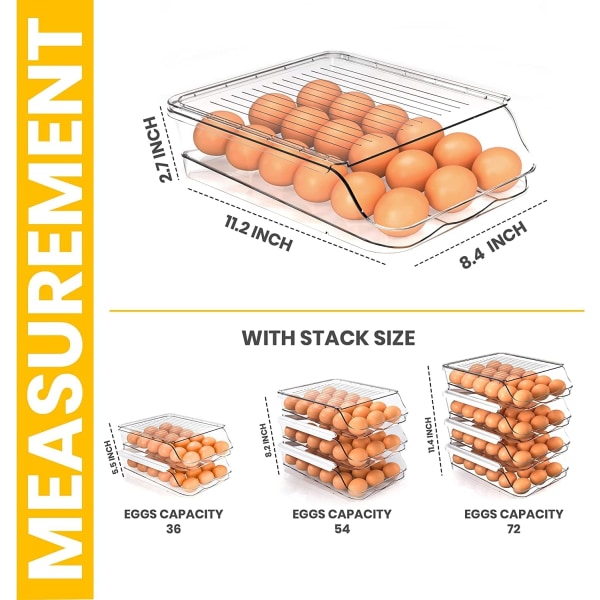 Äggbehållare m. glidfunktion för kyl, 3 lager m. 54 äggfack, stapelbar m. rundade hörn, avtagbart lock, hållbar, genomskinlig (3-pack)